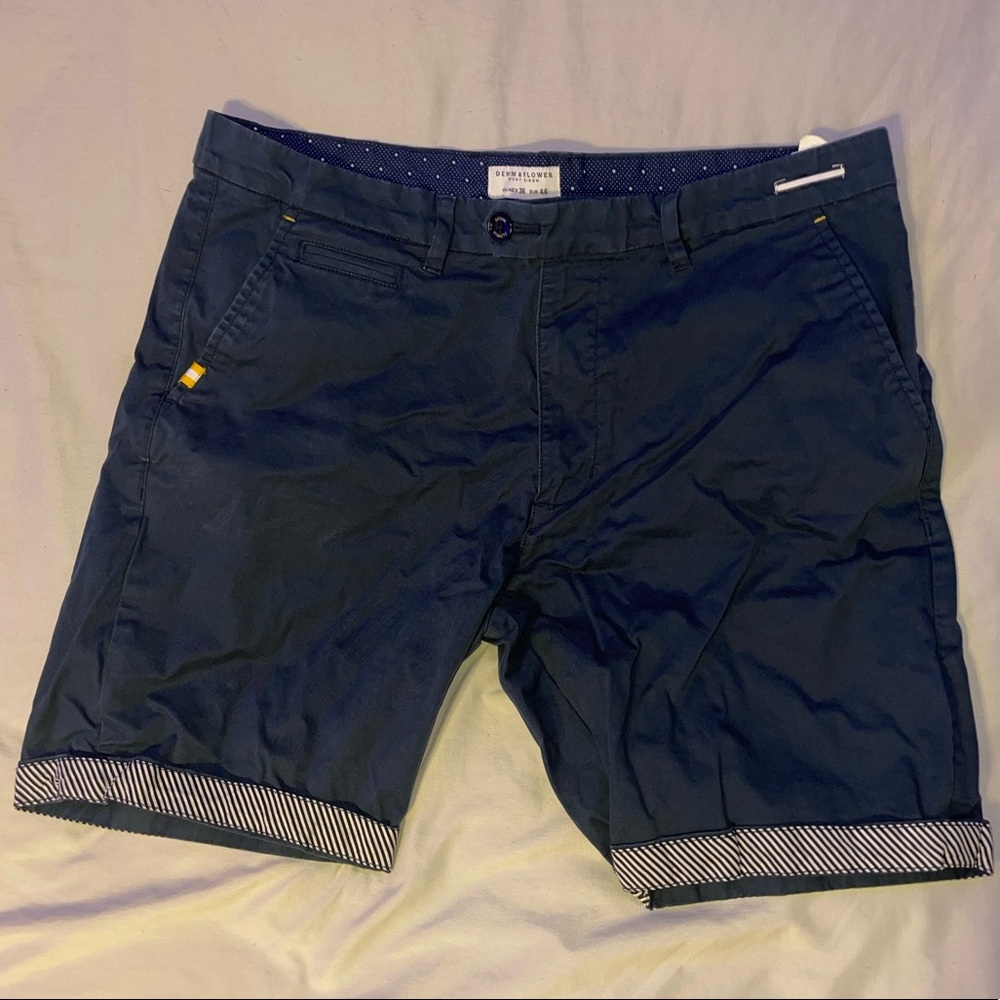 Mens Denim & Flower Navy Flat Front Shorts